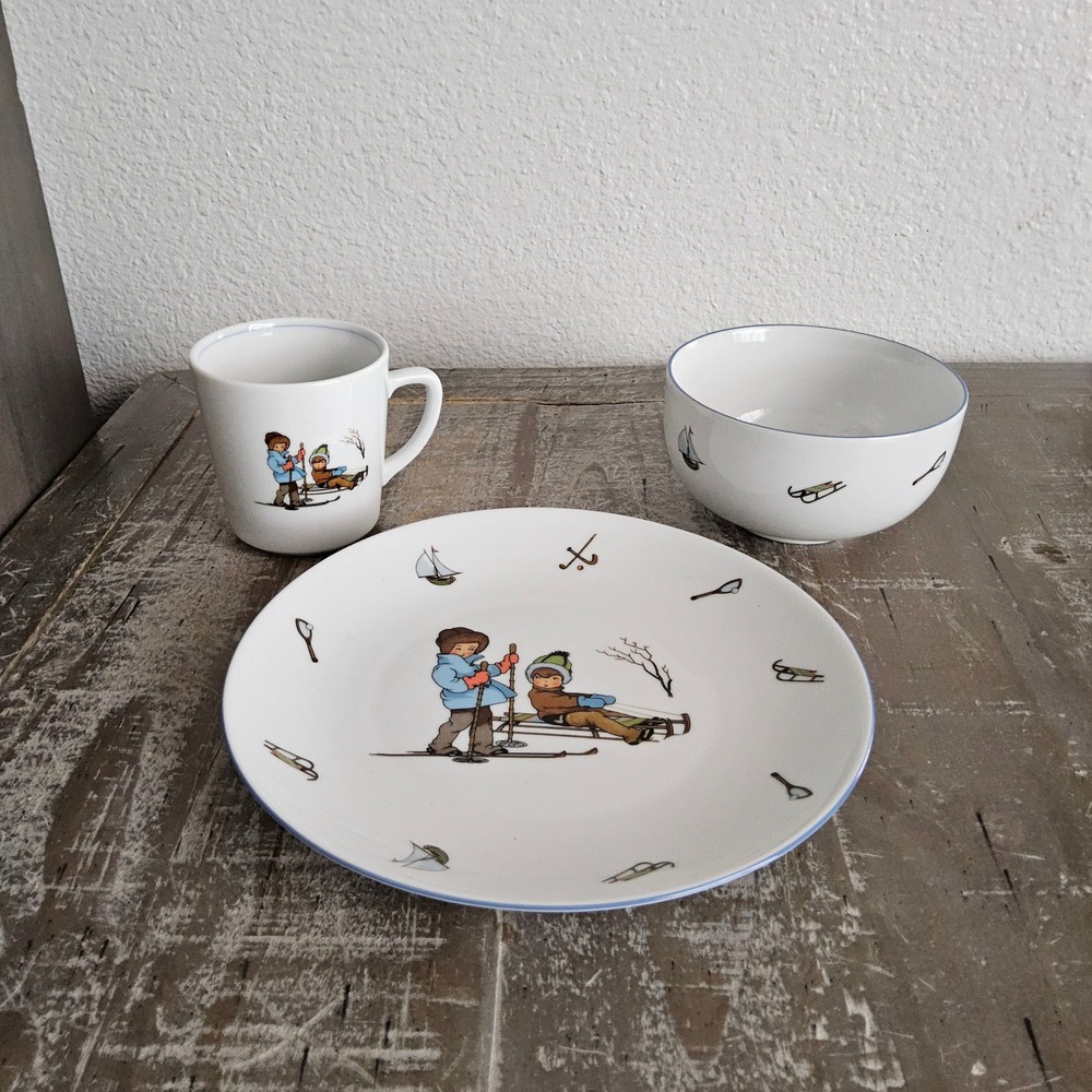 Vintage Pier 1 Imports Childrens Dinnerware Set White Winter Sledding Holiday